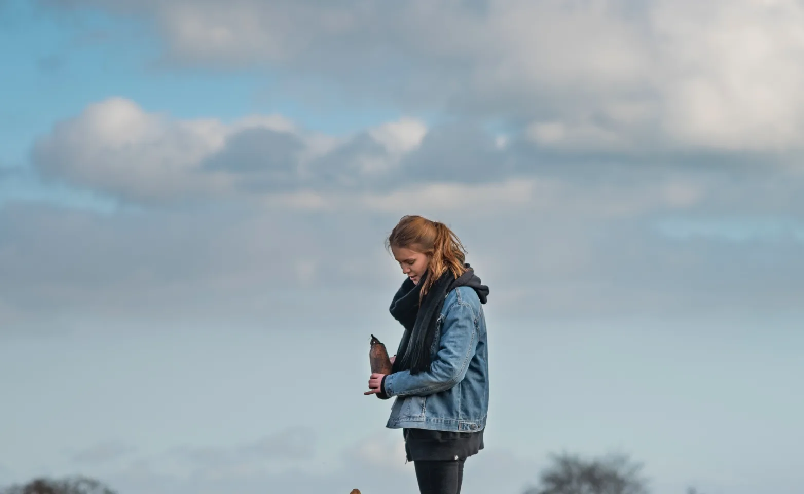 Dog sitting looking at woman in a field